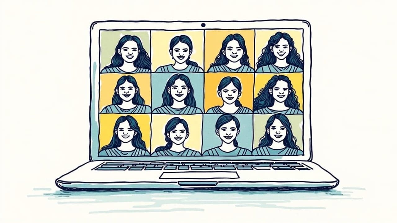 A laptop screen showing a grid of smiling women in a live video class