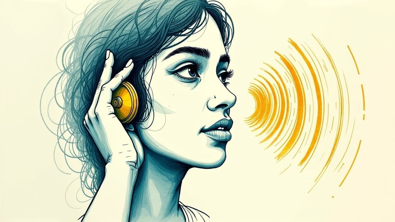 A woman listening intently with one hand cupped near her ear