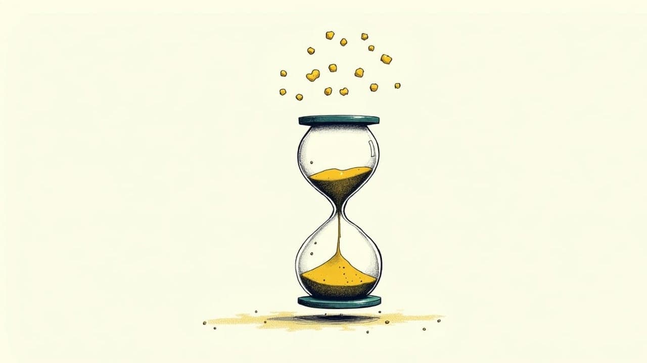 An hourglass with small speech bubbles rising from the sand