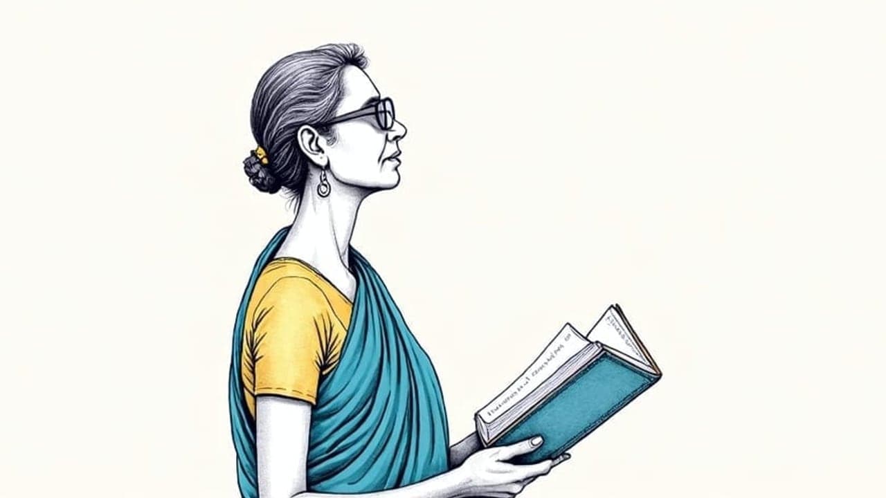 A middle-aged woman in a saree wearing reading glasses, holding an open book