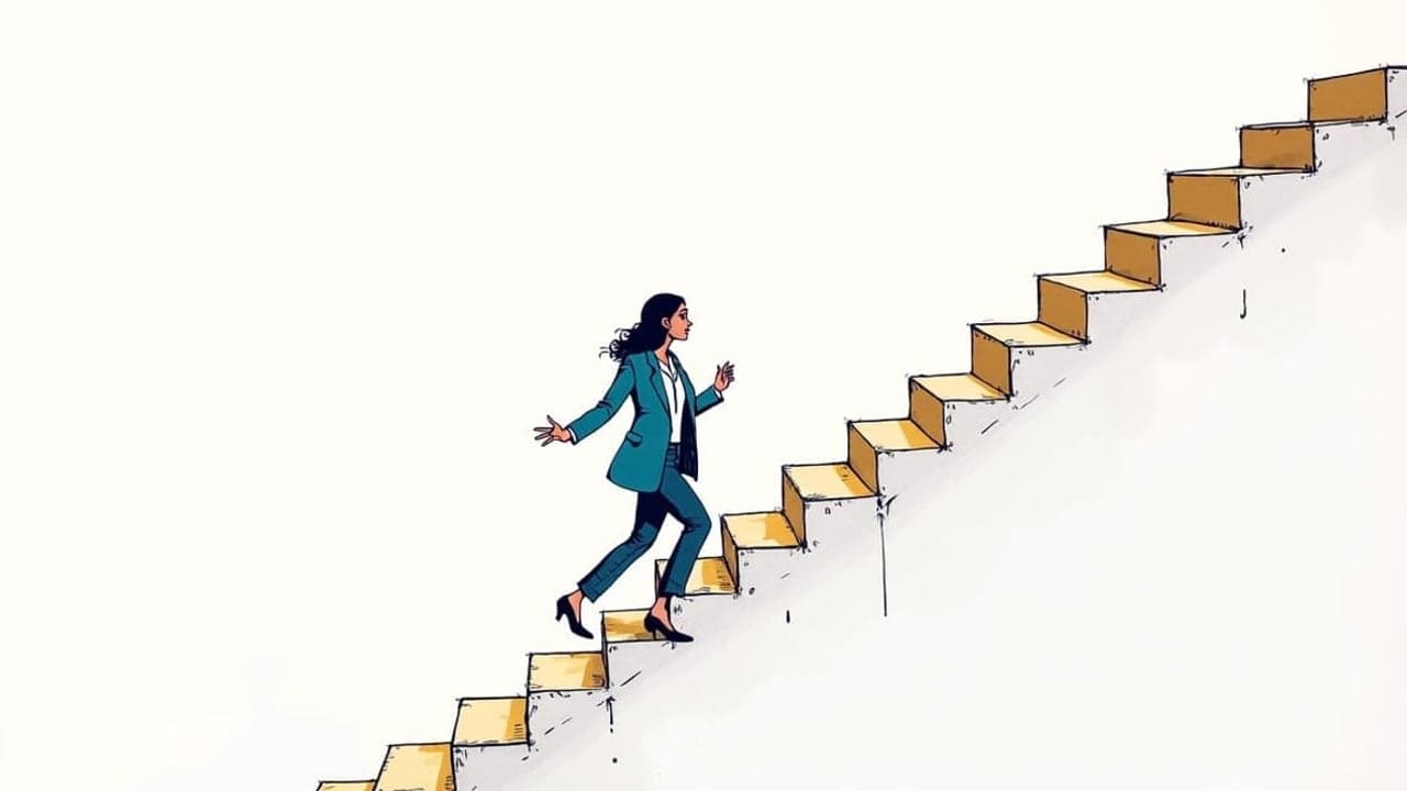 A woman in a blazer climbing a staircase, briefcase in hand