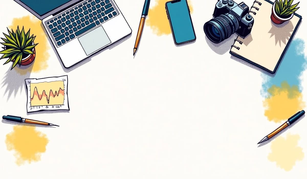 Illustration of a camera, laptop, paintbrush, phone and notebook laid out on a desk