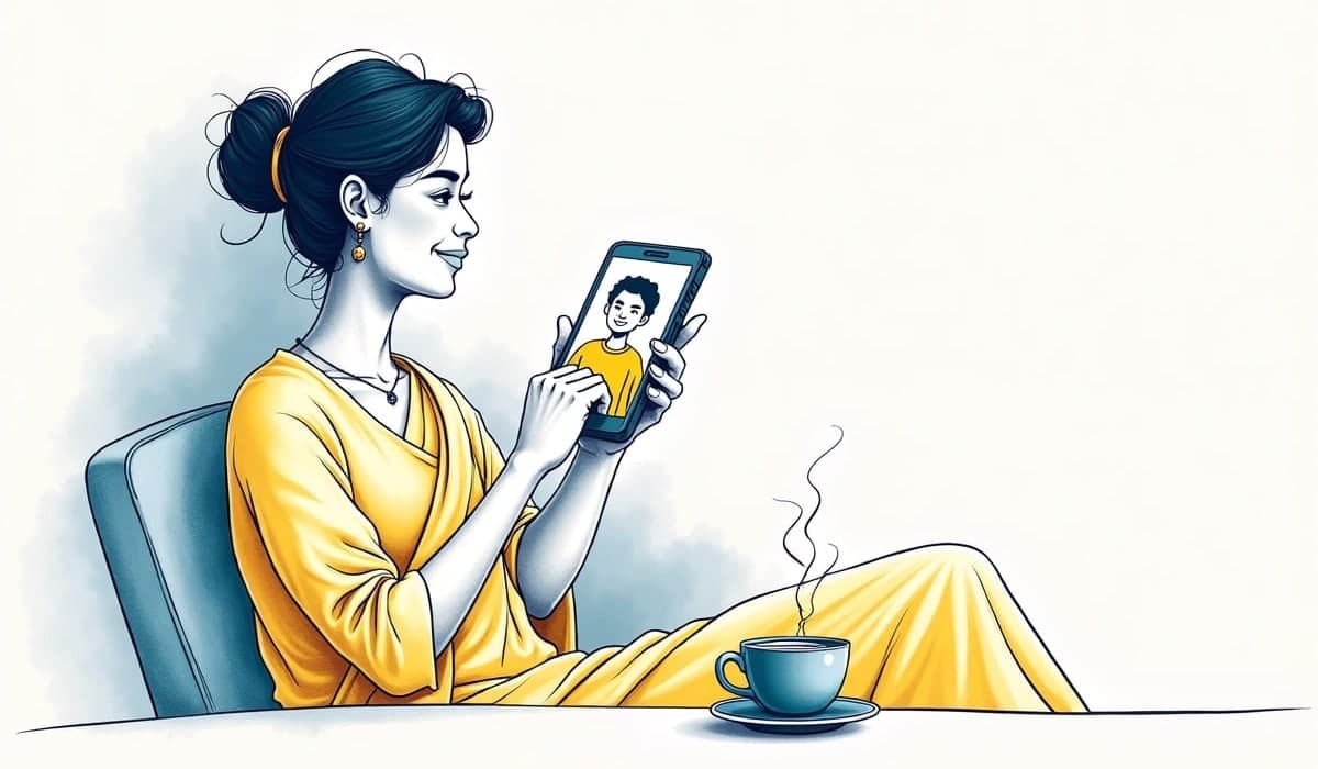 Illustration of a woman at home holding her phone, smiling at a live video class