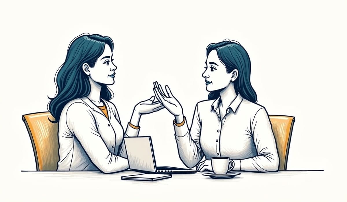 Illustration of a trainer teaching to a laptop webcam, gesturing warmly