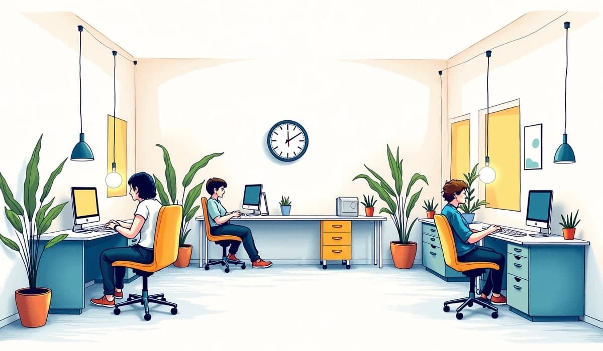 Illustration of a small office with desks, chairs, a wall clock and plants