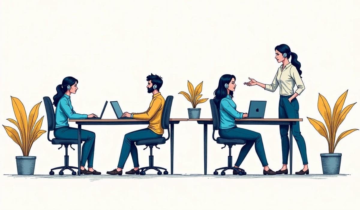 Illustration of an office team at their desks, two wearing headsets, a colleague explaining something