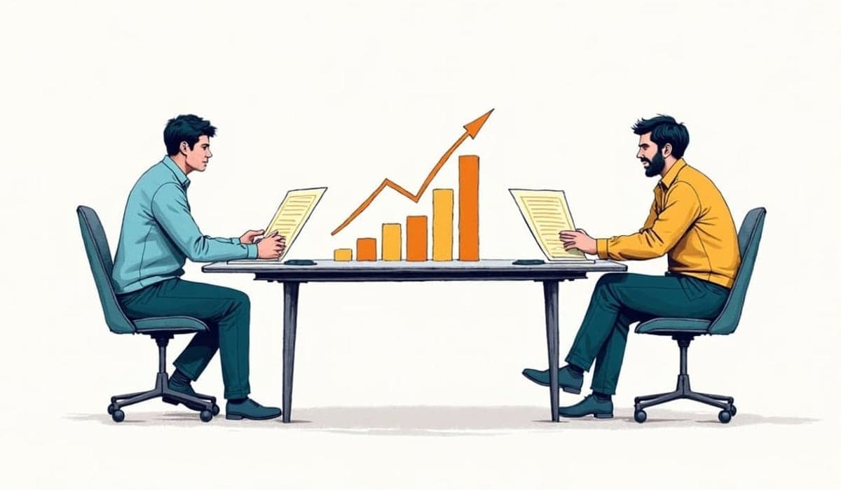 Illustration of two colleagues reviewing a printed chart with rising bars