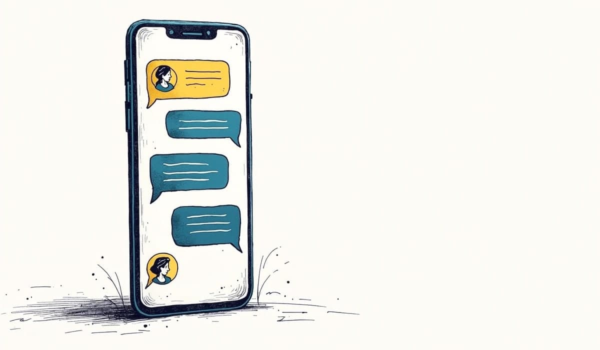 Illustration of a phone showing a friendly chat conversation with a teacher